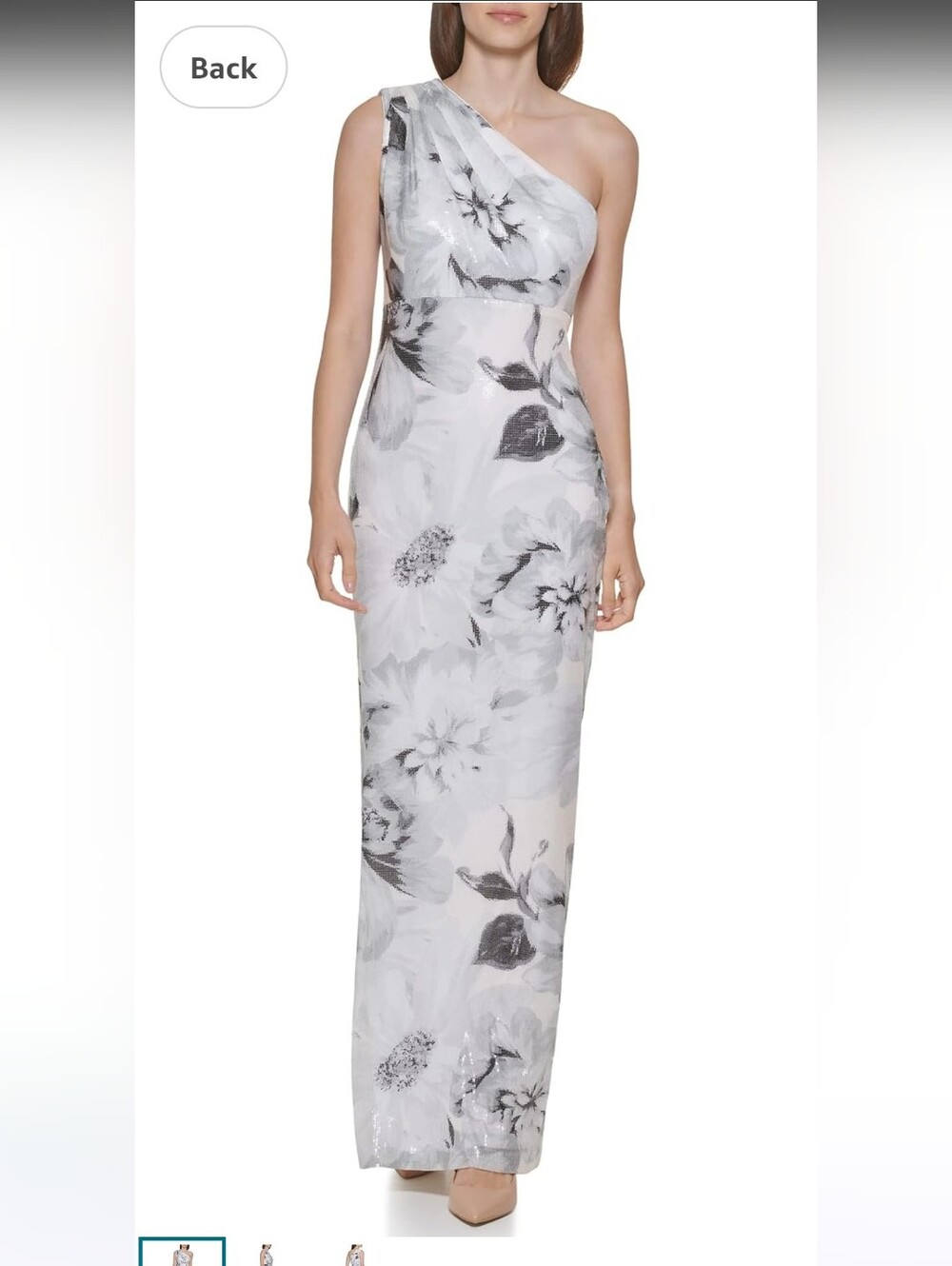 NWT Calvin Klein One-Shoulder Sequin Floral Evening Gown in Gray and White